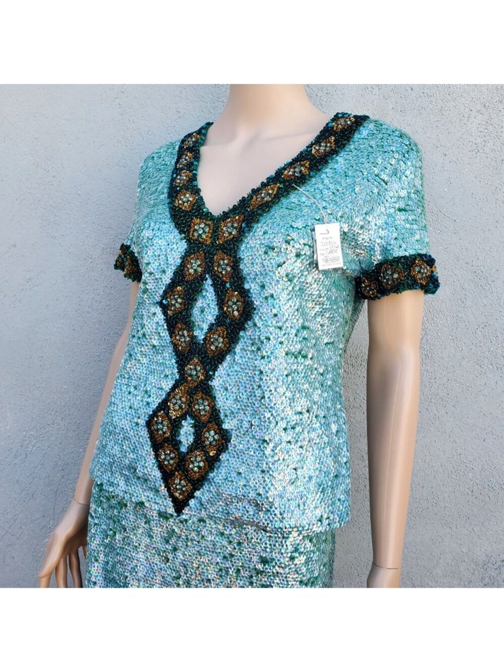 Vintage 60s Pin Up Sequin Beaded Rhinestone Skirt Set M NWT Turquoise Hong Kong